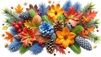 Fototapeta premium Vibrant Autumn Leaves, Winter Foliage, and Festive Holiday Nature Design in Seasonal Transition on Transparent Background