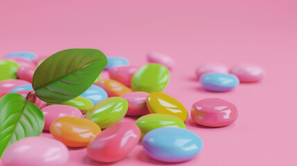 Colorful sugar-free candies or sweets on a pink background.
