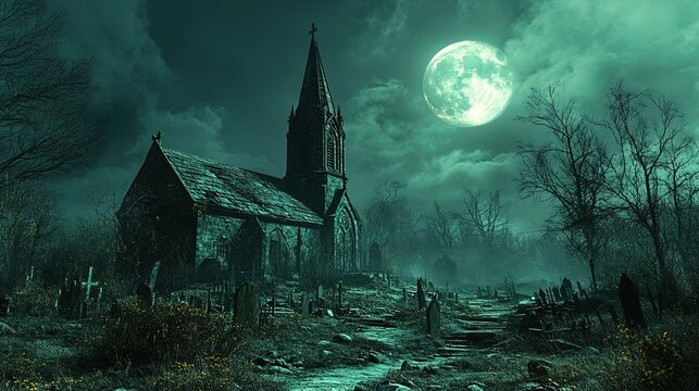 Old Church Cemetery Under A Full Moon At Night