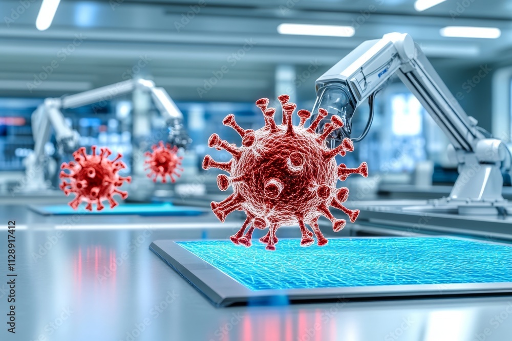 Poster A futuristic lab with glowing holograms showing virus structures, while robotic arms analyze samples in the background