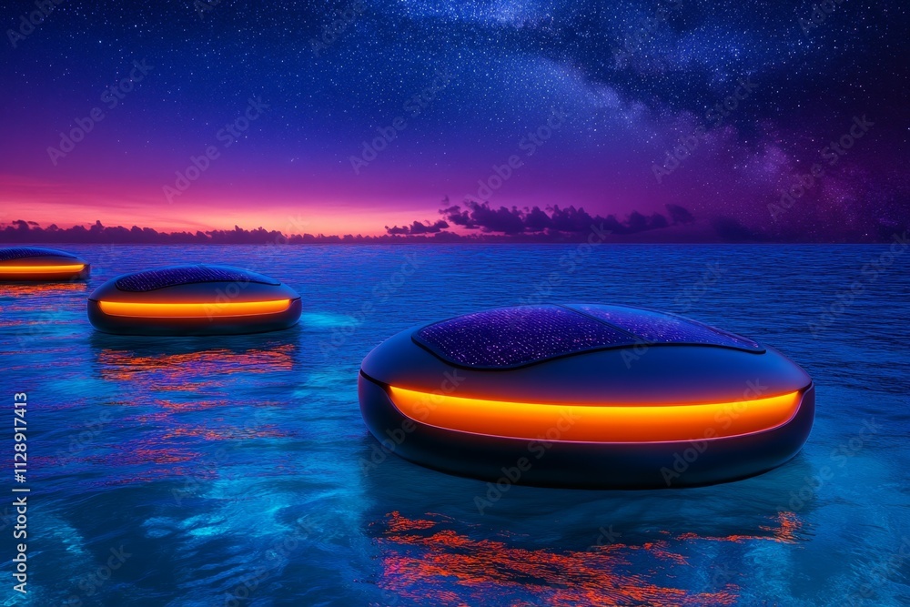 Poster a futuristic floating energy station powered by solar, wind, and tidal generators, glowing softly ab