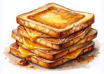 Delicious Group of French Toast Sandwiches Watercolor Illustration on a Clear Background, Perfect for Food Menus, Cookbooks, and Culinary Artwork Displays