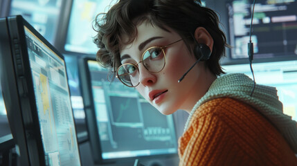 short-haired office lady wearing glasses in the digital age works smartly at a computer.
