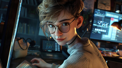 short-haired office lady wearing glasses in the digital age works smartly at a computer.