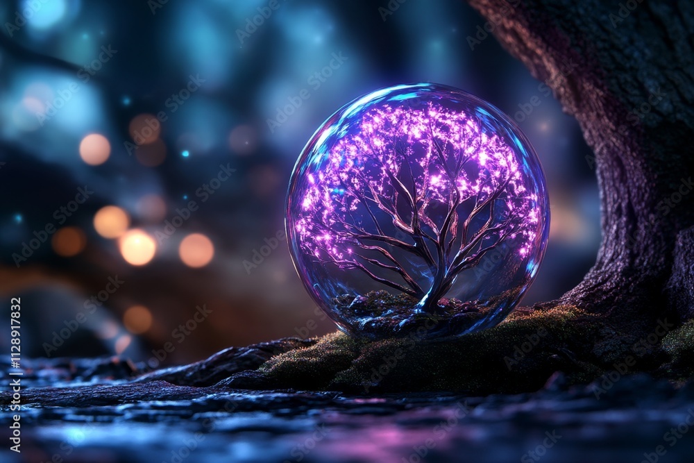 Aufkleber A glowing energy crystal floating in the center of an enchanted forest, illuminating the surrounding trees and magical creatures with an ethereal light