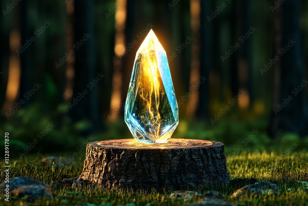 Poster a glowing energy crystal floating in the center of an enchanted forest, illuminating the surrounding