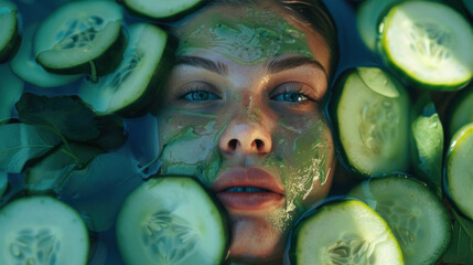 Young woman is applying cucumber face mask for smooth and healthy skin. Take care of yourself and look young