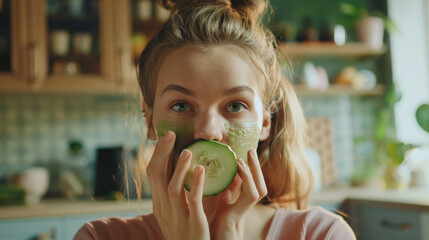 Young woman is applying cucumber face mask for smooth and healthy skin. Take care of yourself and look young