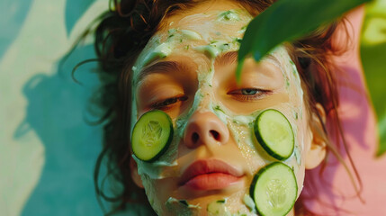 Young woman is applying cucumber face mask for smooth and healthy skin. Take care of yourself and look young