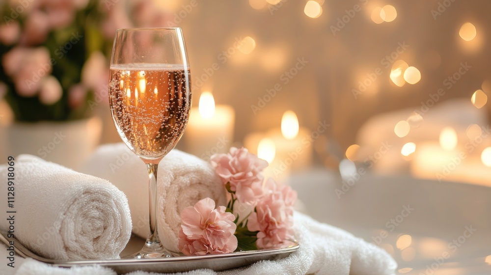 Poster a luxurious setting filled with soft candlelight features a glass of sparkling beverage beside fresh