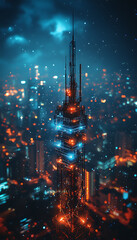 Glowing wireframe rendering of a 5G tower on a translucent background, highlighted by a combination of blue and black data points


