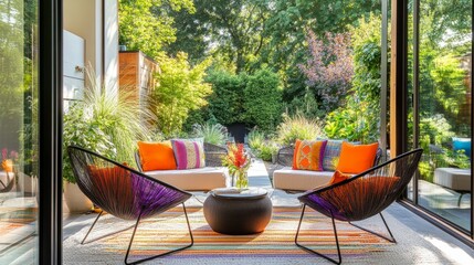 Fototapeta premium A vibrant patio adorned with colorful pillows, modern chairs, statement plants, and wide glass doors framing the garden view
