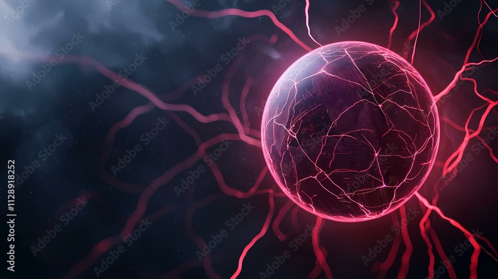 Poster the image contains a glowing, dark-red sphere with pink lines resembling circuitry or lightning, sus