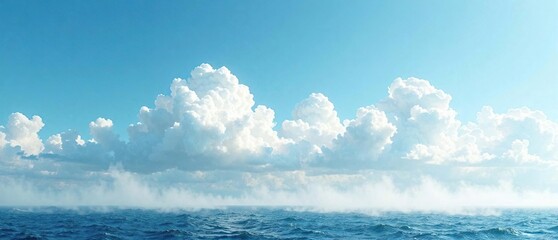 Fototapeta premium White fluffy clouds float in the blue sky with a few strands of mist rising from the ocean, fog, mist, nature