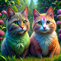 Two adorable cats with vibrant colors pose in a garden.