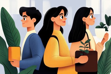 A retro-style poster of employees working in a mid-20th-century office, with muted colors and bold typography evoking nostalgia