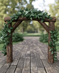 Rustic wooden arch adorned with lush green foliage