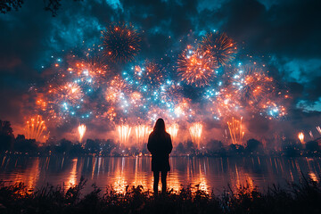 Fototapeta premium The first day of the year celebrated with dazzling fireworks, lively parties, festive decorations, and joyous traditions marking a fresh start.