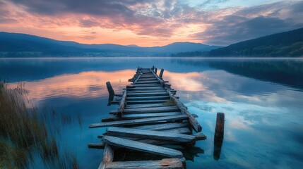 A fallen wooden pier extending into a lake, with broken beams and planks submerged in the water, creating ripples and reflections