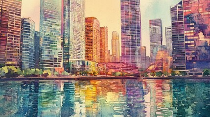 Fototapeta premium Tall buildings and coins are the same height, water color vivid 
