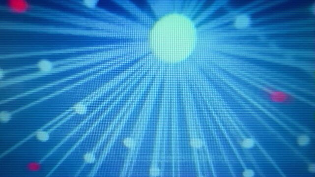 Closeup of computer monitor with blue animated scientific diagrams showing connected dots. Visible interlace lines. Flickering vintage 80s 90s vhs style video. Sci-fi computer background.
