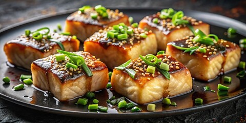Deliciously Glazed Black Cod Fillets Garnished with Green Onions and Sesame Seeds, Perfectly Arranged in Bite-Sized Pieces for a Mouthwatering Presentation