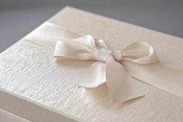 A medium close-up of a premium corporate gift box in neutral beige and gray tones, elegant ribbon, minimalist design, soft lighting, studio background 5