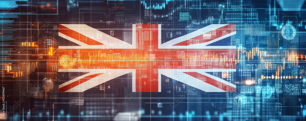 Poster a digital depiction of the union jack, blending technology and national identity with glowing data e