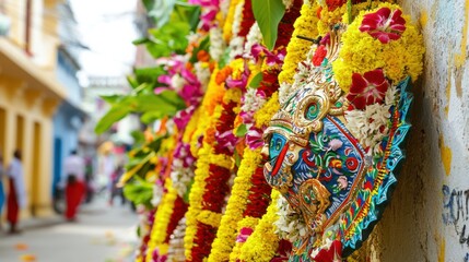 Obraz premium Vibrant Garlands Handicrafts and Colorful Displays at an Indian Market Festival