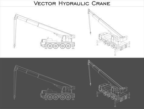 Set vector Hydraulic crane line draw blueprint wireframe from all view  front, side and back isolated in transparent background