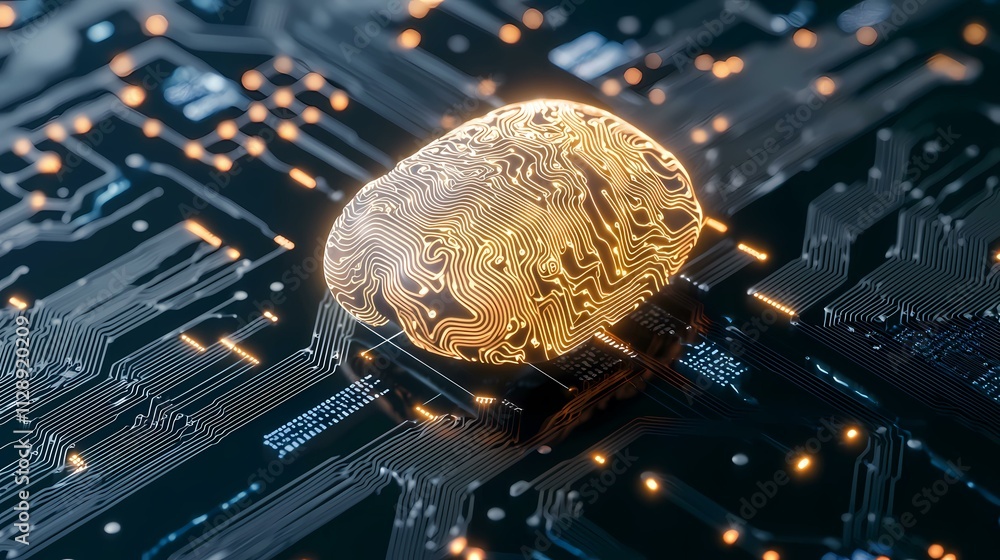 Poster a glowing, brain-shaped object, resembling a circuit board, sits on a complex, dark circuit board, r