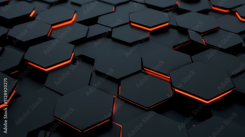 Poster the image contains a dark, abstract background composed of a repeating pattern of dark gray hexagona