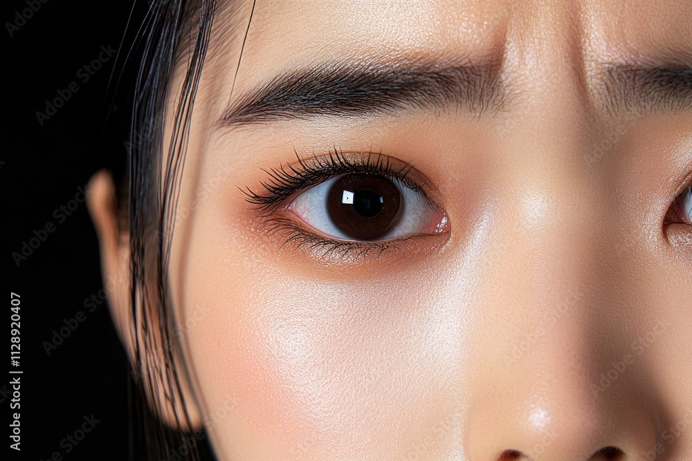 Poster a hyper-realistic close-up of a person face, showing the intricate details of a tear rolling down th