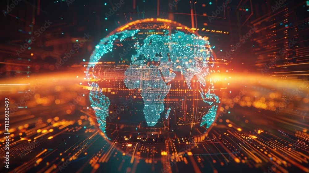 Poster futuristic rotating planet earth displaying a global network and facilitating data exchange, represe