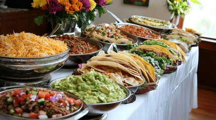 Obraz premium Vibrant Mexican Food Buffet Spread with Colorful Dishes and Decorative Elements