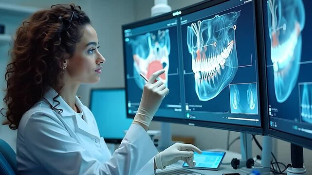 Female Dentist Examining 3D Dental X-Ray on Multiple Monitors