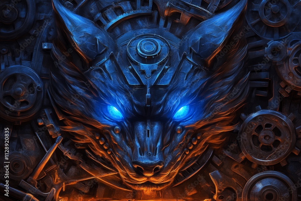 Aufkleber a magical depiction of an engineer crafting a glowing mechanical dragon in a workshop filled with en