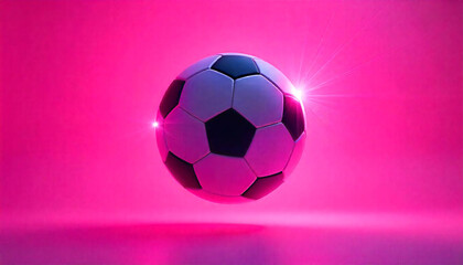 Fototapeta premium Neon Fantasy: A Radiant Football Hovers in the Air, Illuminated by an Electric Pink Backdrop
