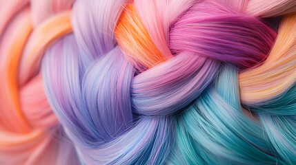 A creative shot of colorful pastel-dyed hair styled in intricate braids.