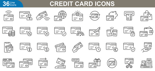 Credit card icons set. Payment, finance, banking, debit card, transactions, money, shopping, digital wallet and more. Thin line icons set vector illustration.