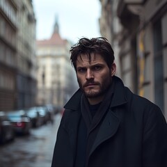 Obraz premium An enforcer for a crime syndicate, an older man in his 30s, has dark brown hair and is scruffy looking, which makes him intimidating and dangerous. standing on the streets of Budapest at daylight