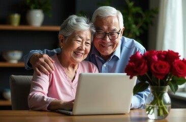 senior asian couple with laptop