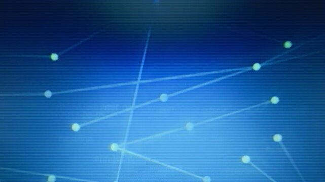 Closeup of computer monitor with blue animated scientific diagrams showing connected dots. Visible interlace lines. Flickering vintage 80s 90s vhs style video. Sci-fi computer background.
