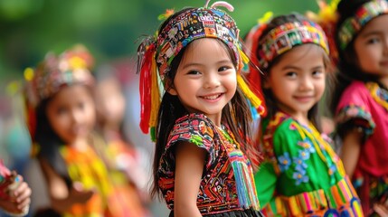Fototapeta premium Colorful and Vibrant Traditional Costumes of Indigenous Girls Celebrating a Cultural Festival Outdoors