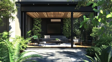 Fototapeta premium Minimalist yet inviting garden patio with a black-and-white theme, modern plants, and large sliding glass doors