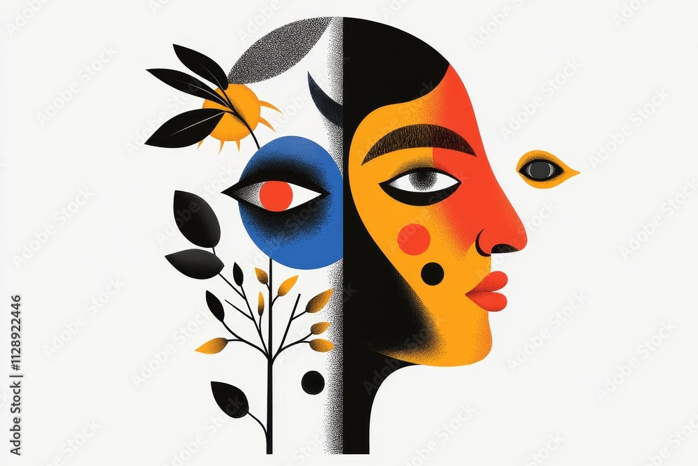 Aufkleber A minimalist icon of a face with mixed emotions, using dual tones and simple shapes to convey complexity