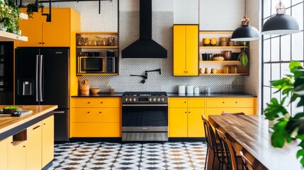 Modern mustard-themed kitchen with black stainless-steel appliances, open shelving, and a geometric floor for a playful yet chic vibe