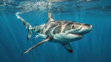 Naklejka premium Great white shark gliding gracefully through the blue ocean waters, showcasing the beauty of its natural habitat and creating an enchanting underwater scene filled with marine life