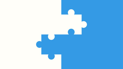 Two puzzle pieces on a divided white and blue background