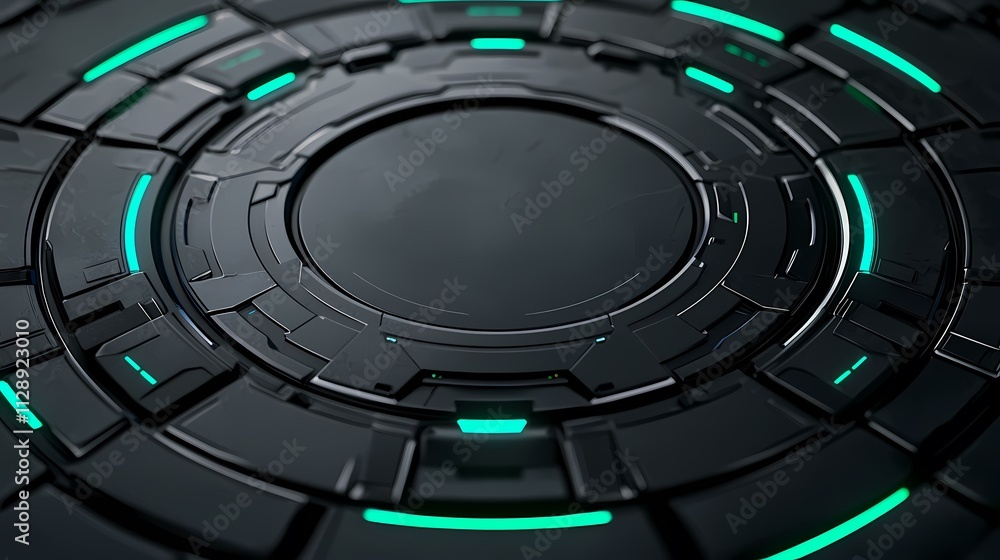 Poster the image shows a close-up view of a dark gray, metallic, circular structure with glowing teal lines